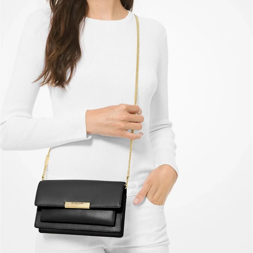 Michael Kors Jade Leather Chain Crossbody / Shoulder Bag, Black/ Gold, New wTags